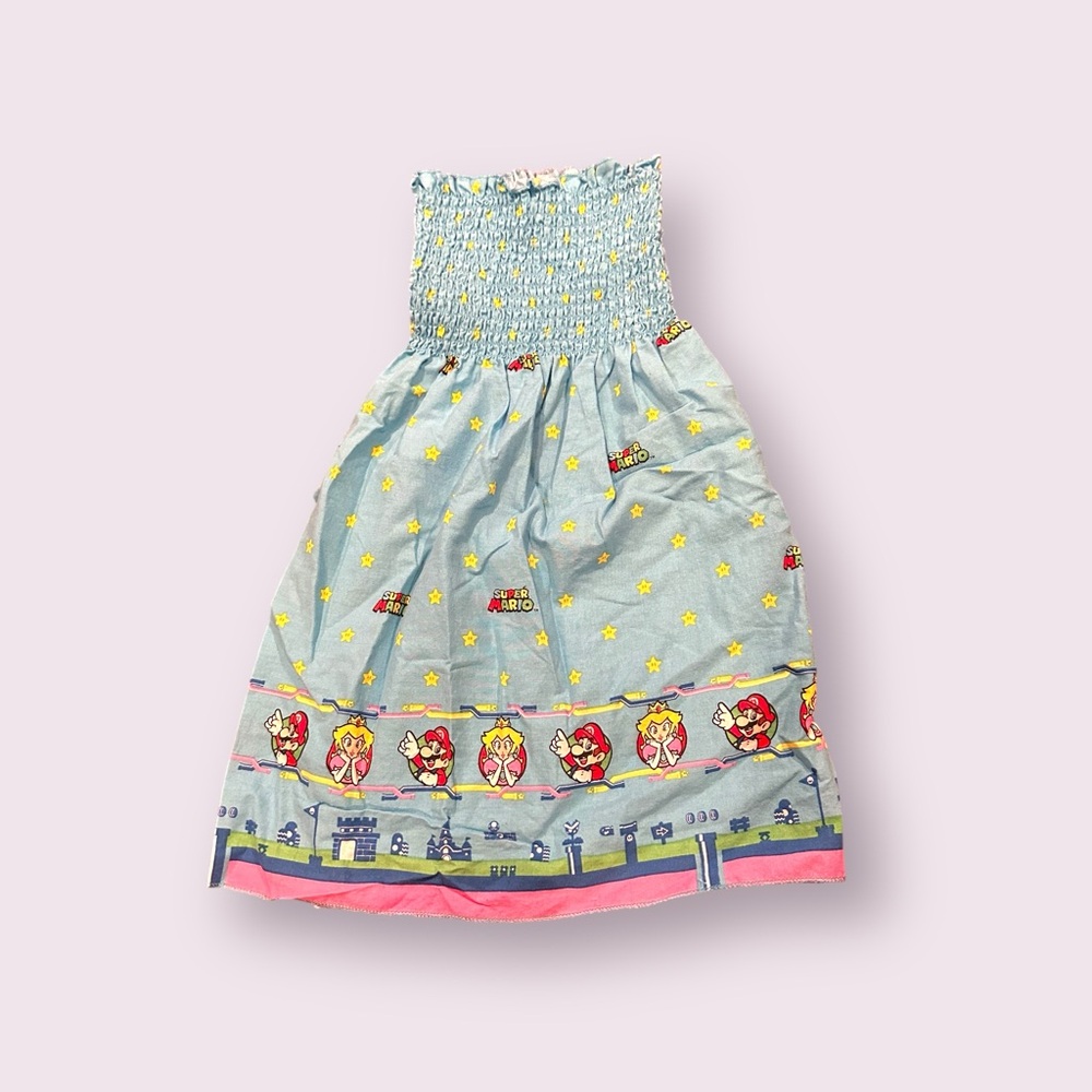 Blue Smocked Dress with Super Mario Print Handmade